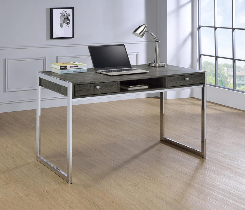 Wallice 2-drawer Writing Desk Weathered Grey and Chrome - Furniture Center (NY)