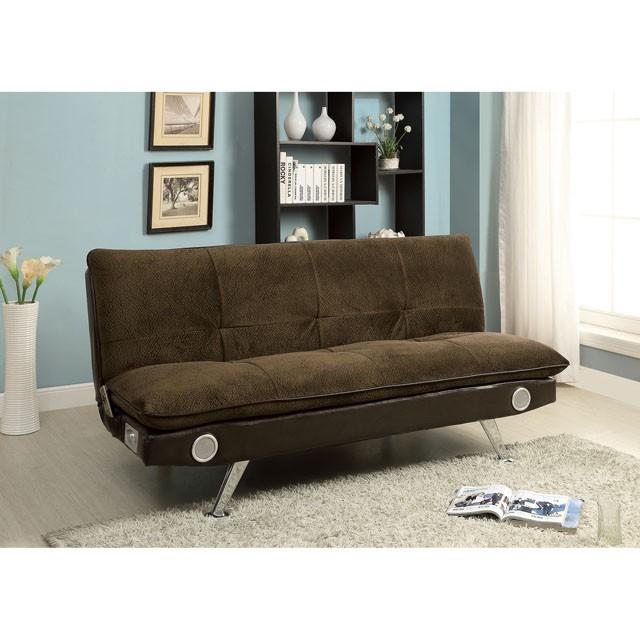 GALLAGHER Dark Brown/Chrome Futon Sofa w/ Bluetooth Speaker, Brown - Furniture Center (NY)