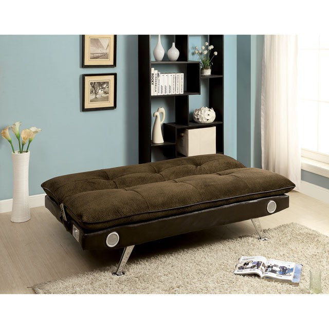 GALLAGHER Dark Brown/Chrome Futon Sofa w/ Bluetooth Speaker, Brown - Furniture Center (NY)